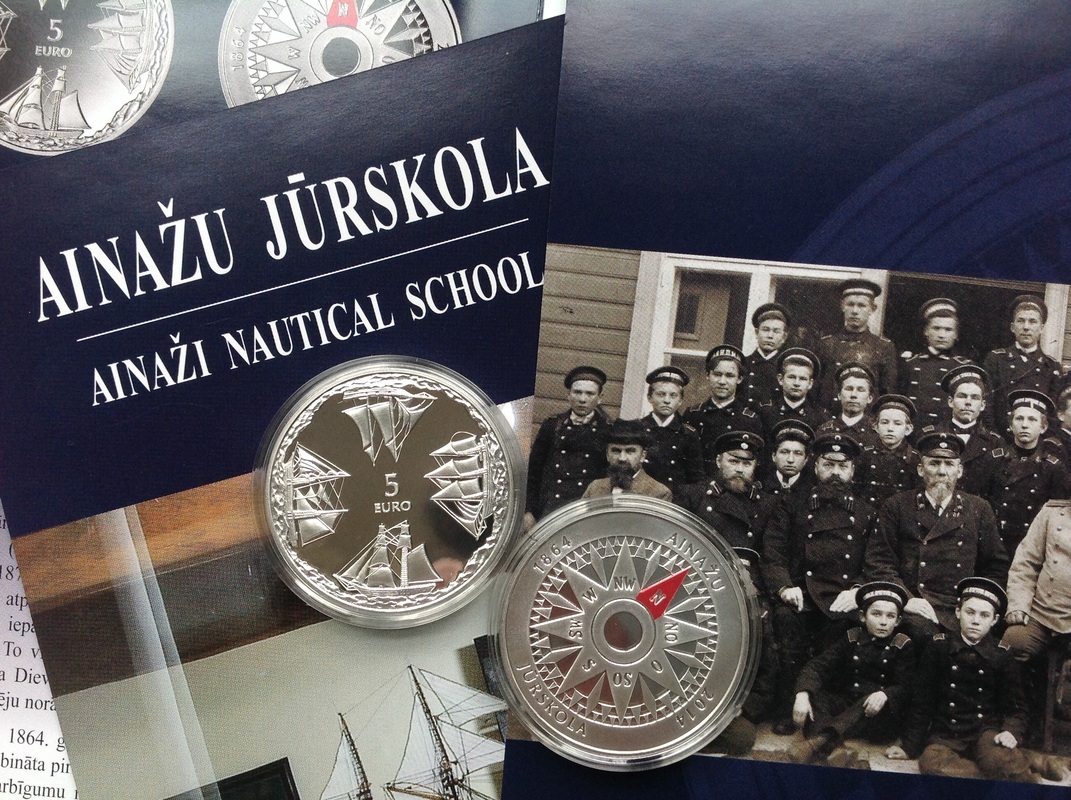 Otra daļa: Latvijas kolekcijas un piemiņās monētu cenu apskats. Latvijas sudraba 5 eiro monēta 'Ainažu jūrskola'